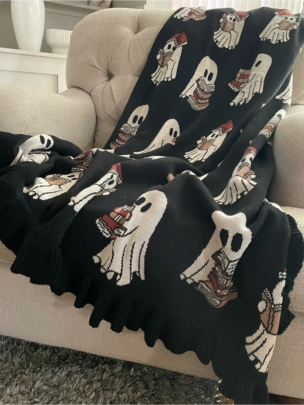 Ghost Reading Book Black Throw Blanket 50x70 NWT Halloween 2026